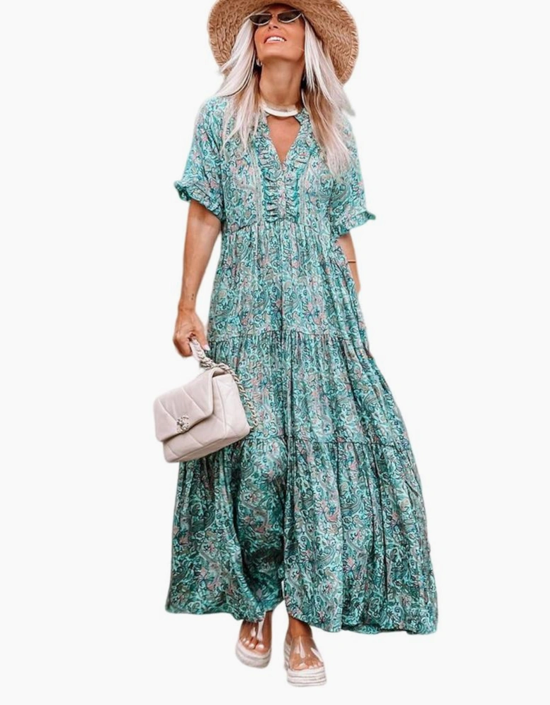 Sky Blue Paisley Print Boho Holiday Ruffle Tiered Maxi Dress