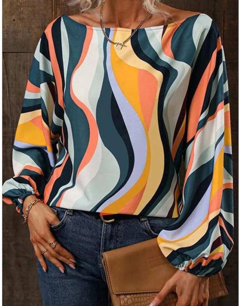 Azura Exchange Wavy Striped Boat Neck Puff Sleeve Blouse