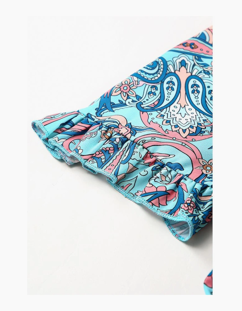 Sky Blue Paisley Print Boho Holiday Ruffle Tiered Maxi Dress