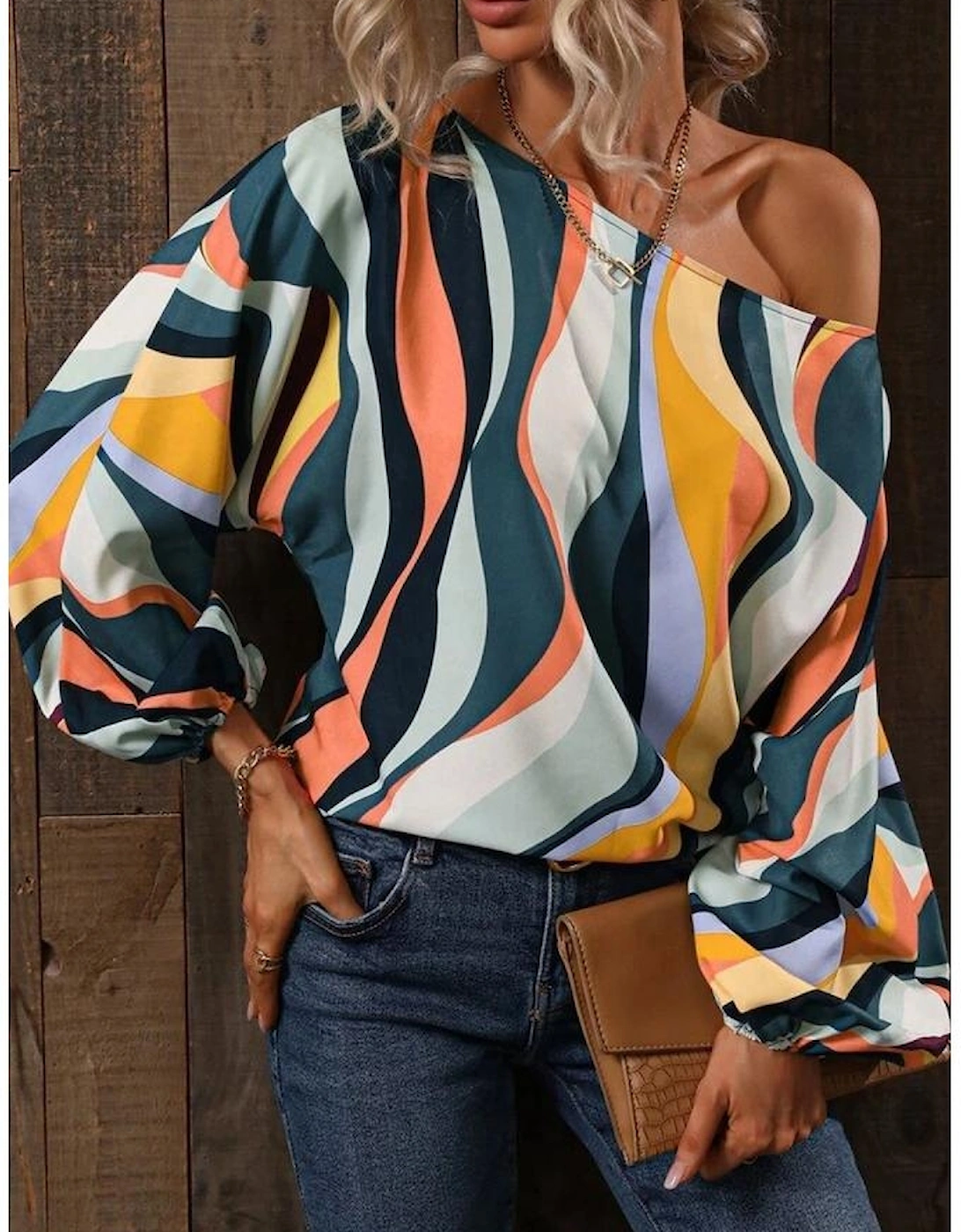 Azura Exchange Wavy Striped Boat Neck Puff Sleeve Blouse