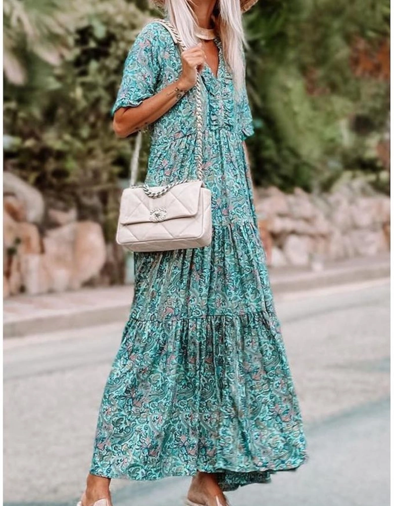 Sky Blue Paisley Print Boho Holiday Ruffle Tiered Maxi Dress