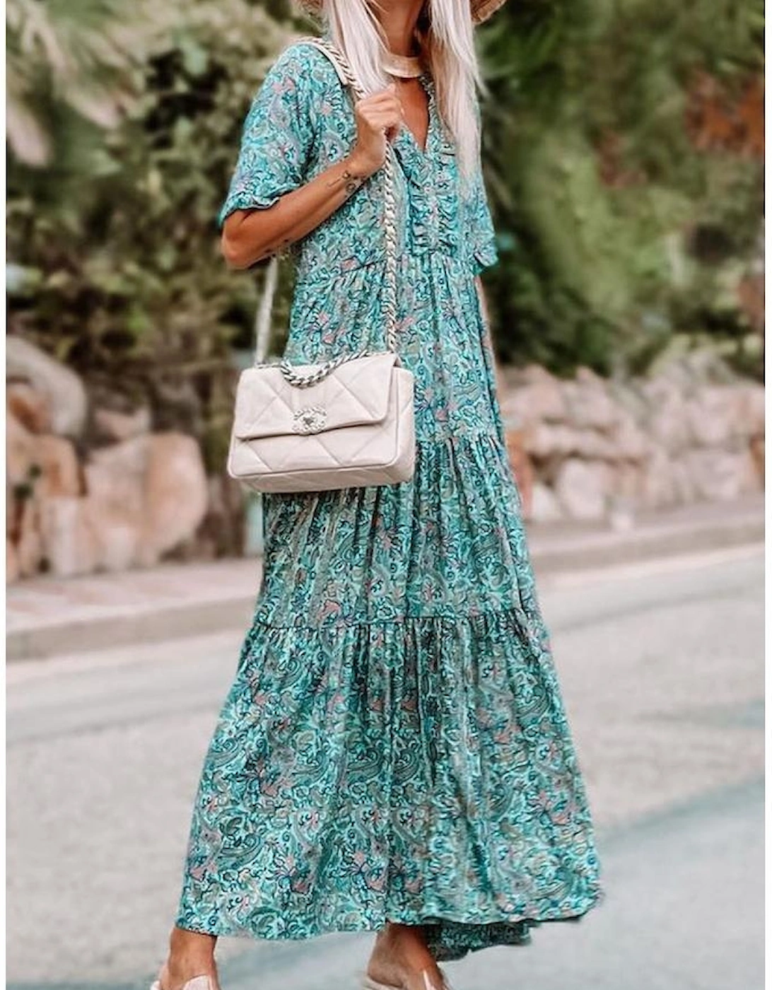 Sky Blue Paisley Print Boho Holiday Ruffle Tiered Maxi Dress