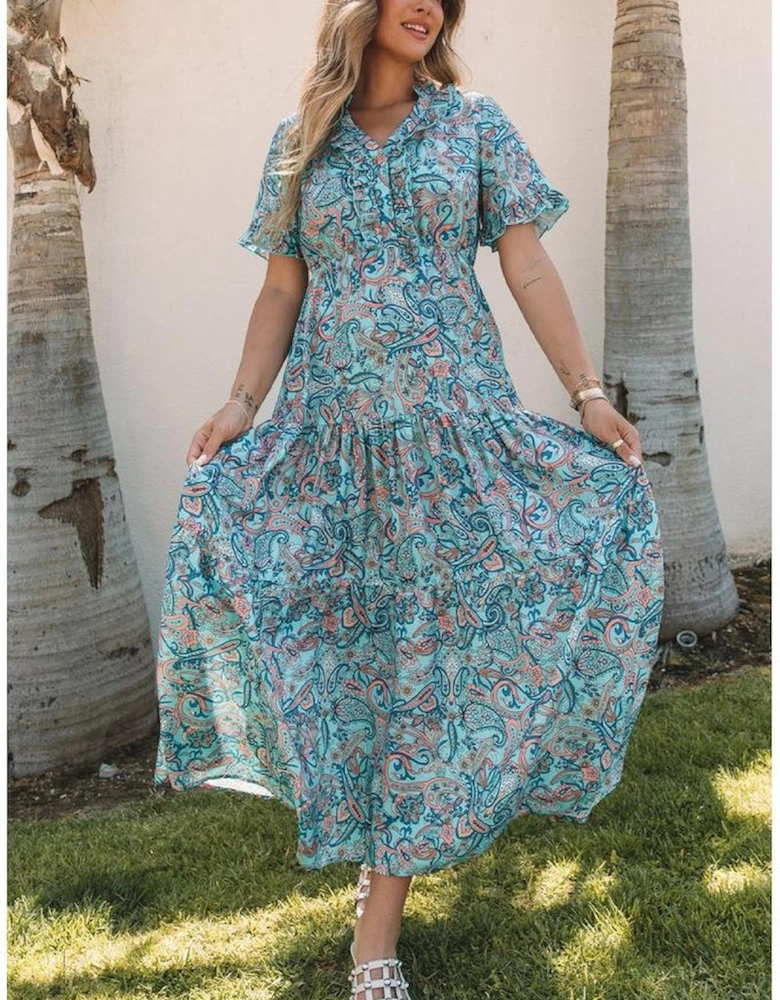 Sky Blue Paisley Print Boho Holiday Ruffle Tiered Maxi Dress
