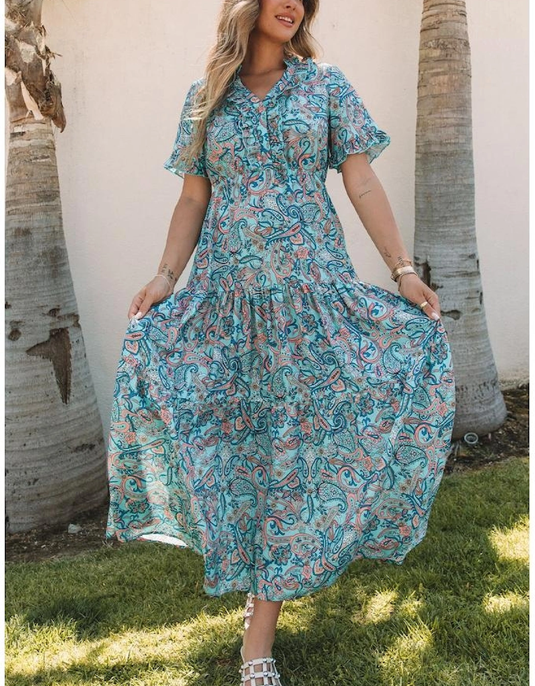 Sky Blue Paisley Print Boho Holiday Ruffle Tiered Maxi Dress