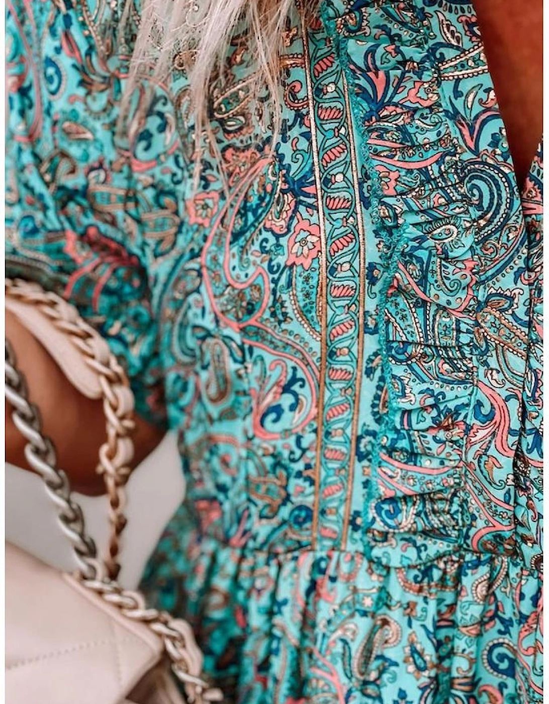Sky Blue Paisley Print Boho Holiday Ruffle Tiered Maxi Dress