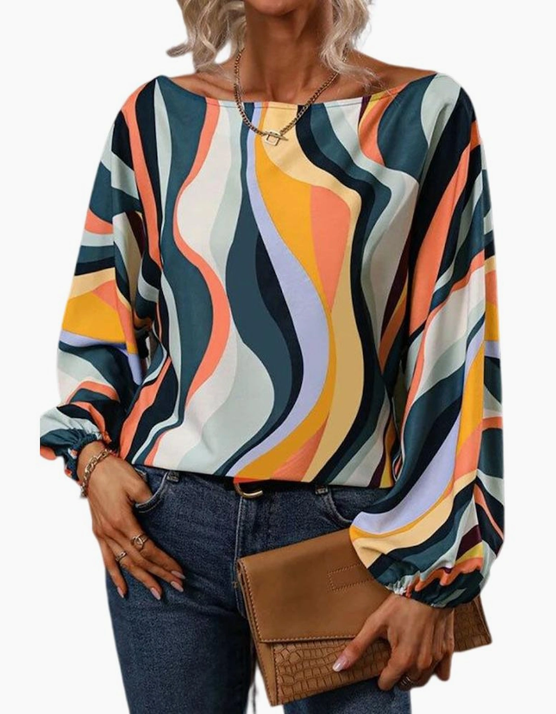 Azura Exchange Wavy Striped Boat Neck Puff Sleeve Blouse