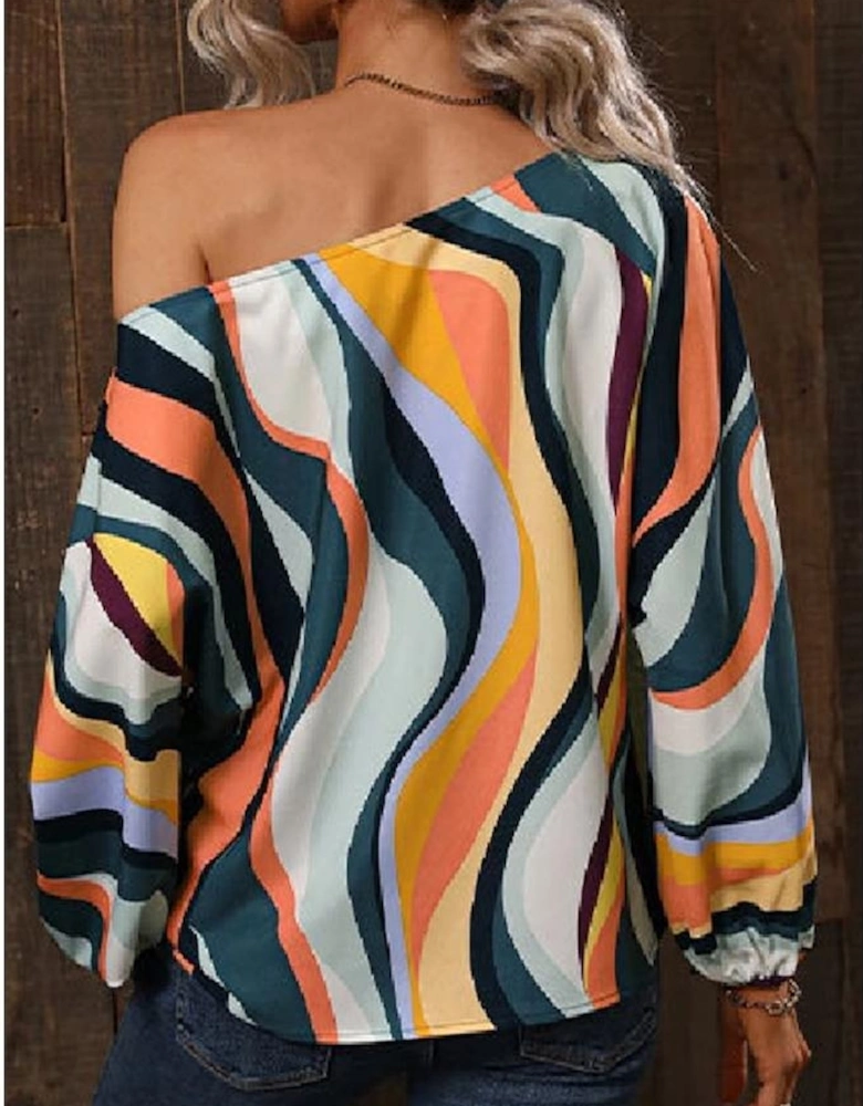 Azura Exchange Wavy Striped Boat Neck Puff Sleeve Blouse