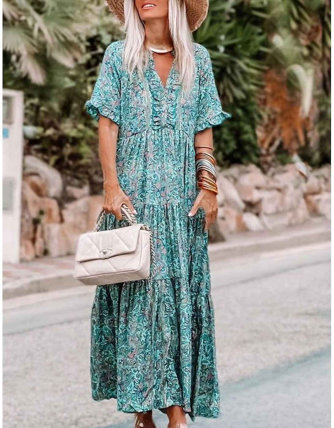 Sky Blue Paisley Print Boho Holiday Ruffle Tiered Maxi Dress
