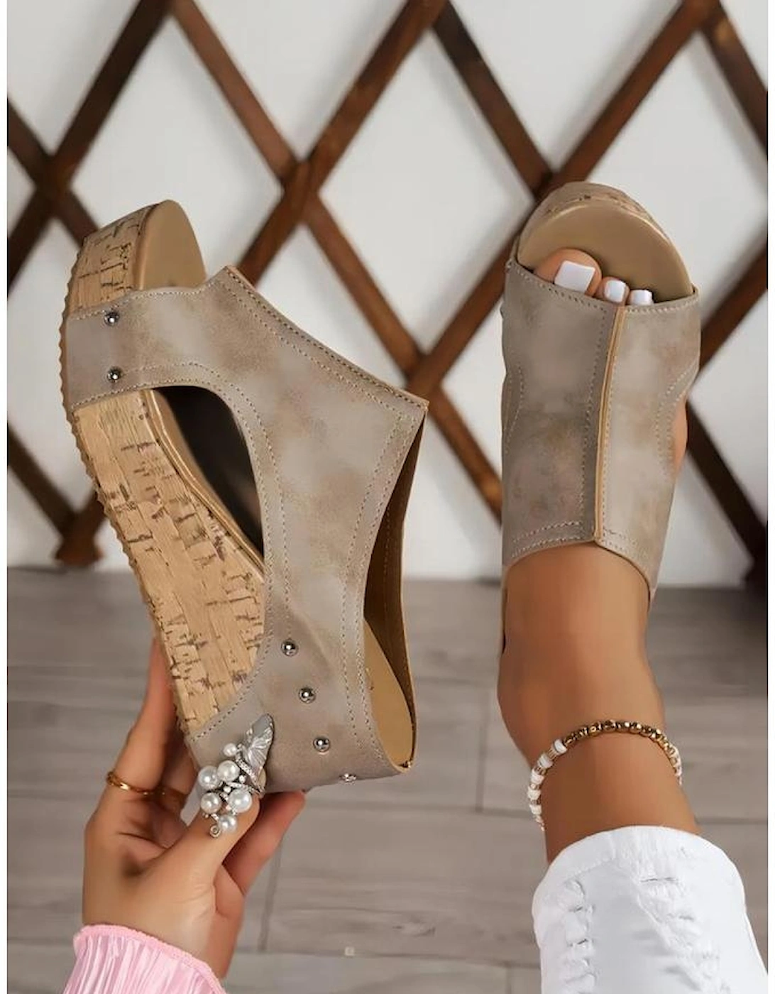 Gray Hollow Out Studded PU Leather Wedge Slippers