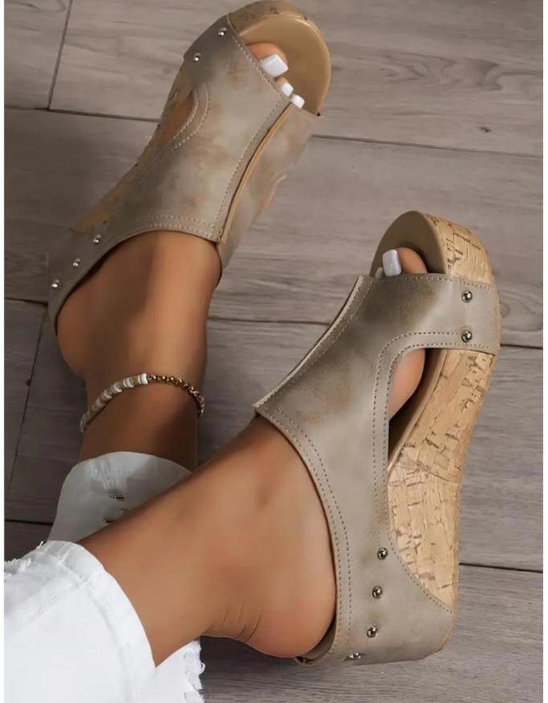 Gray Hollow Out Studded PU Leather Wedge Slippers