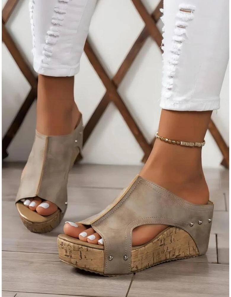 Gray Hollow Out Studded PU Leather Wedge Slippers