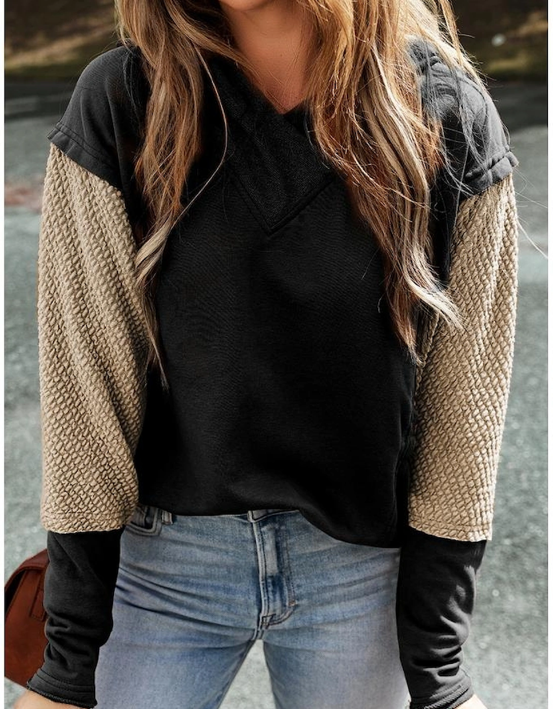 Black Contrast Sleeves Patchwork Colorblock Hoodie