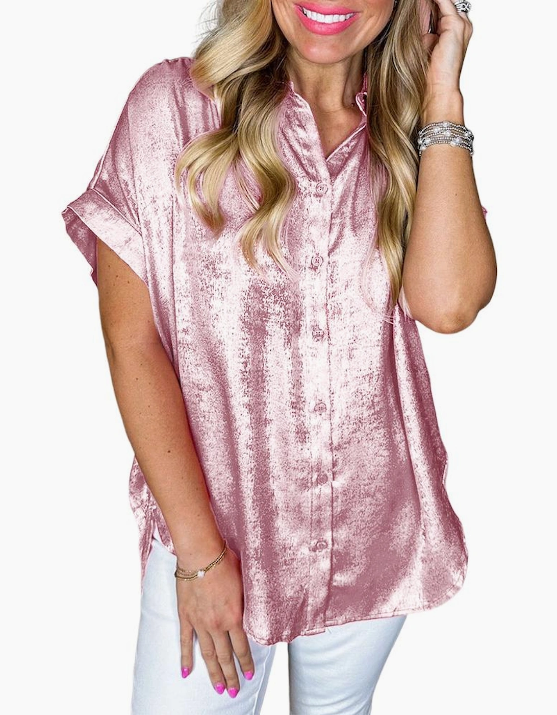 Pink Metallic Sheen Short Sleeve Buttoned Front Casual Shirt