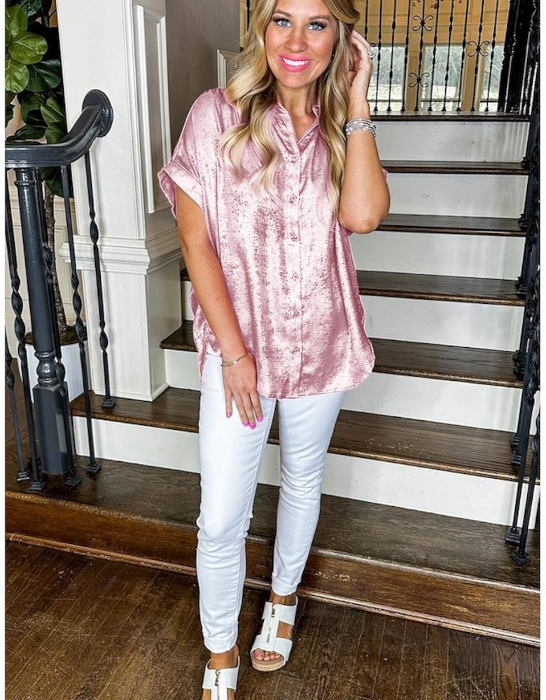 Pink Metallic Sheen Short Sleeve Buttoned Front Casual Shirt