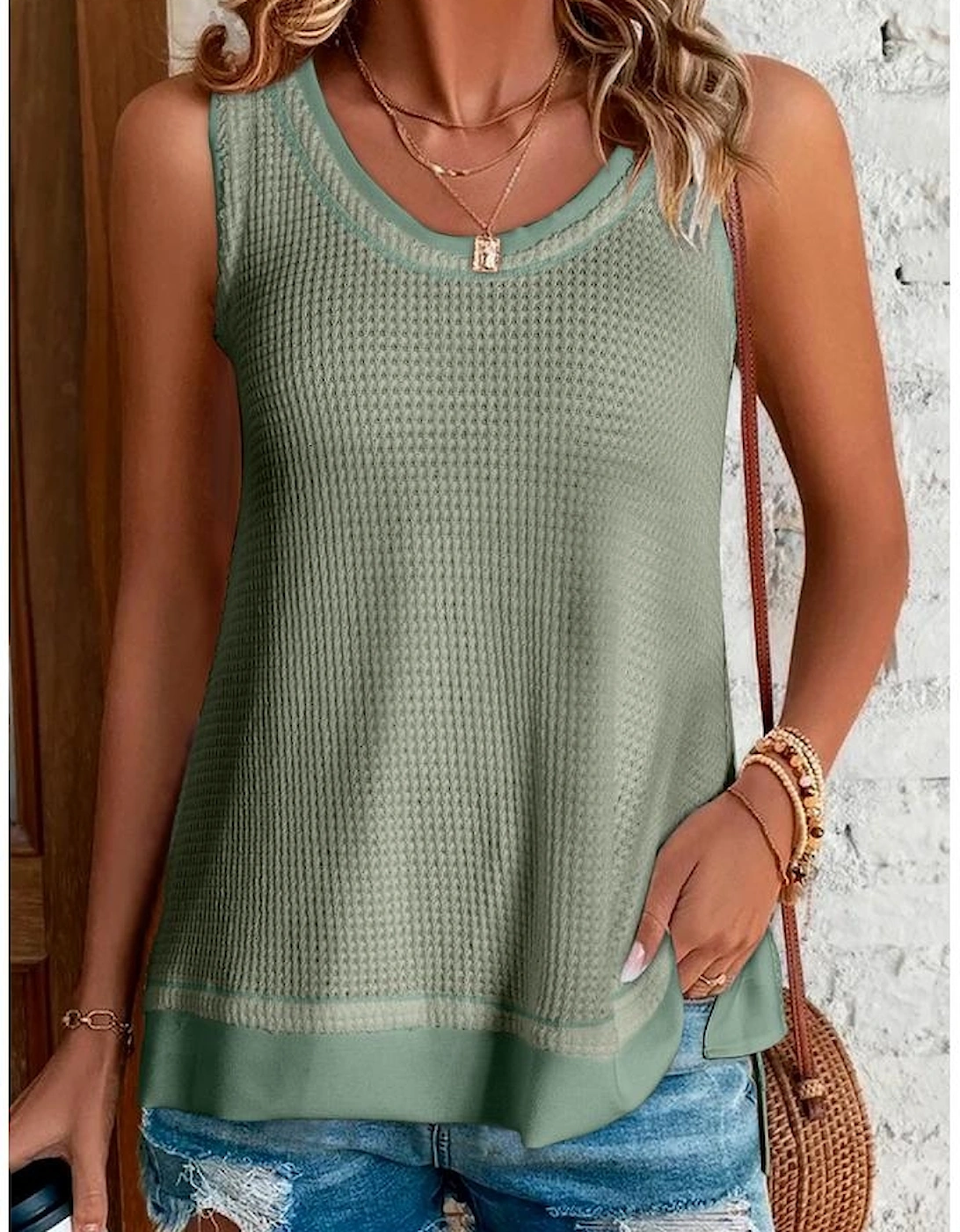 Sea Green Scoop Neck Waffle Knit Flowy Vest