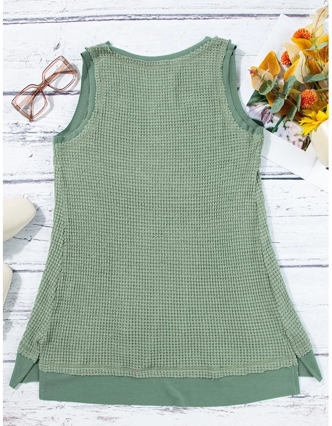 Sea Green Scoop Neck Waffle Knit Flowy Vest