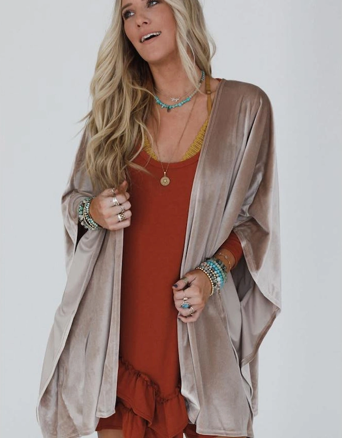 Smoke Gray 3/4 Sleeve Open Front Velvet Kimono