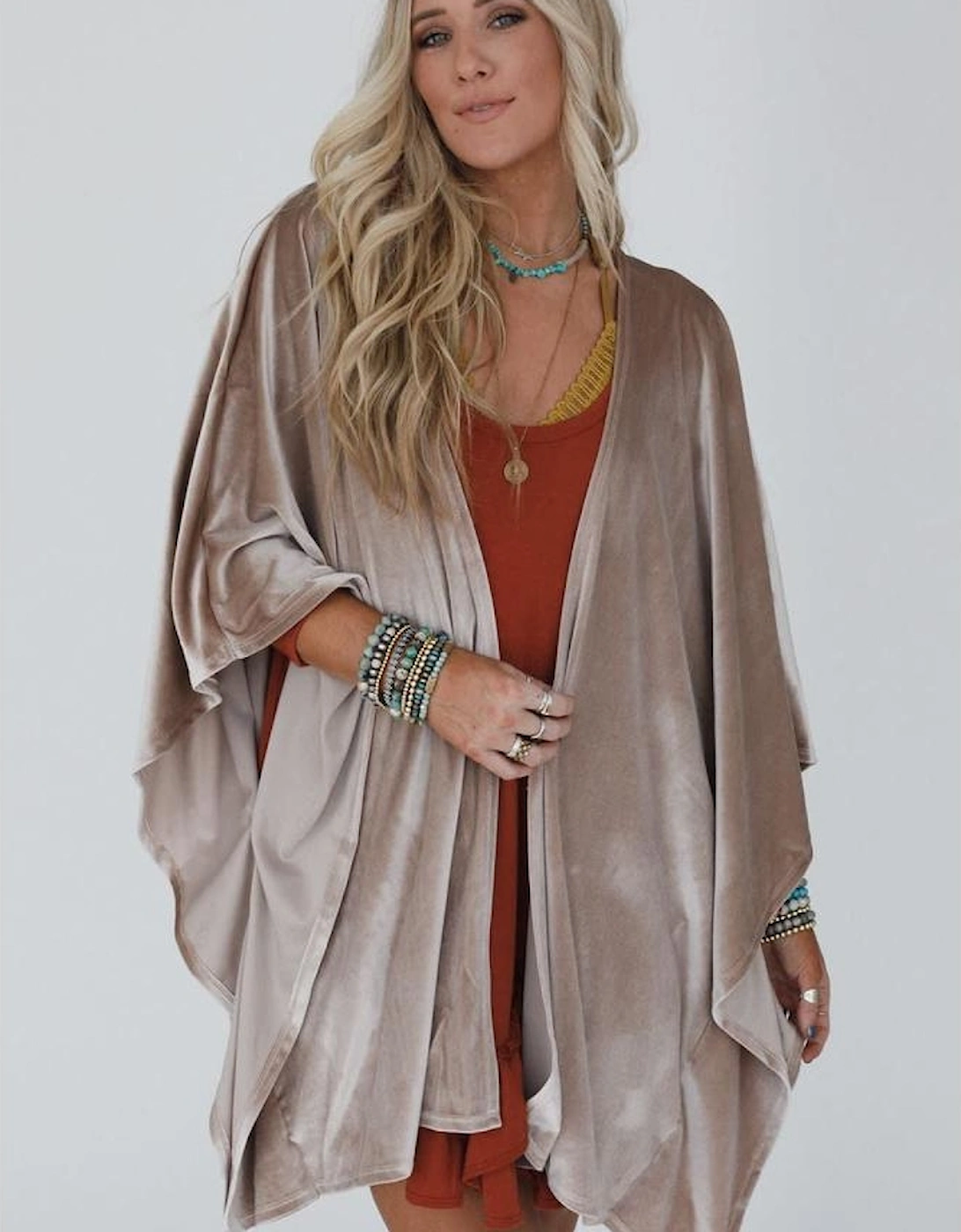 Smoke Gray 3/4 Sleeve Open Front Velvet Kimono