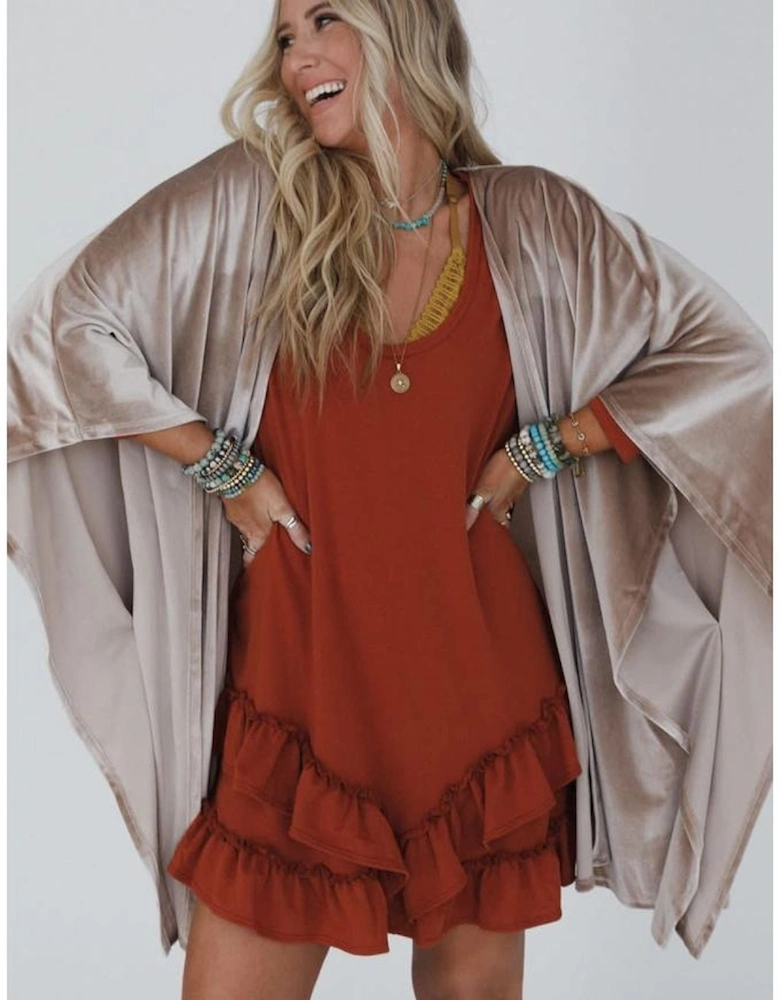 Smoke Gray 3/4 Sleeve Open Front Velvet Kimono