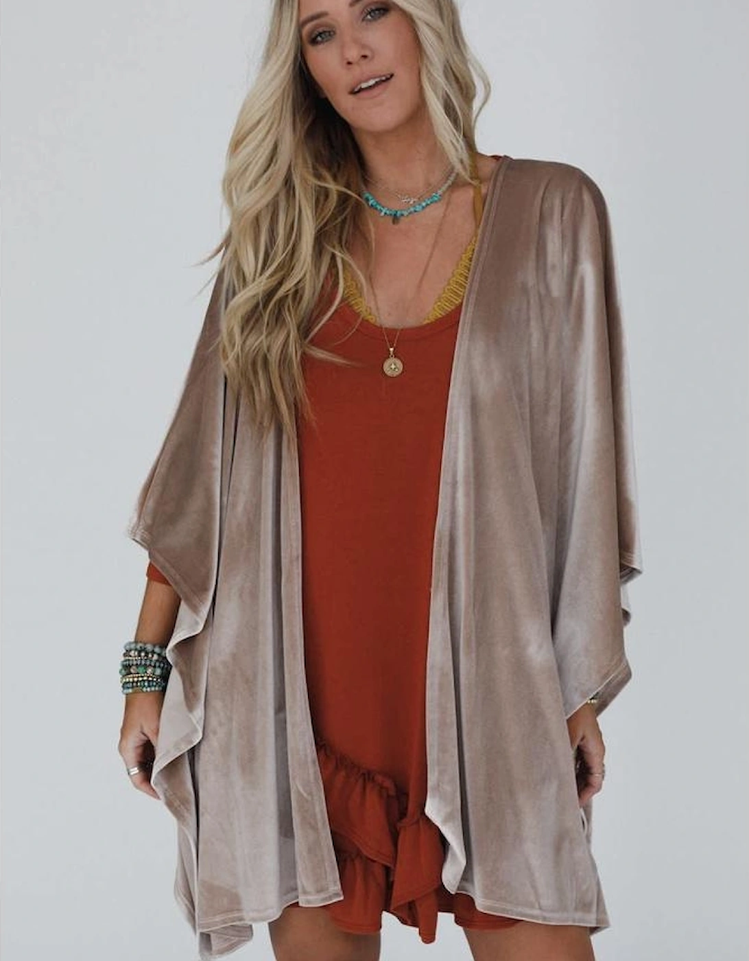 Smoke Gray 3/4 Sleeve Open Front Velvet Kimono