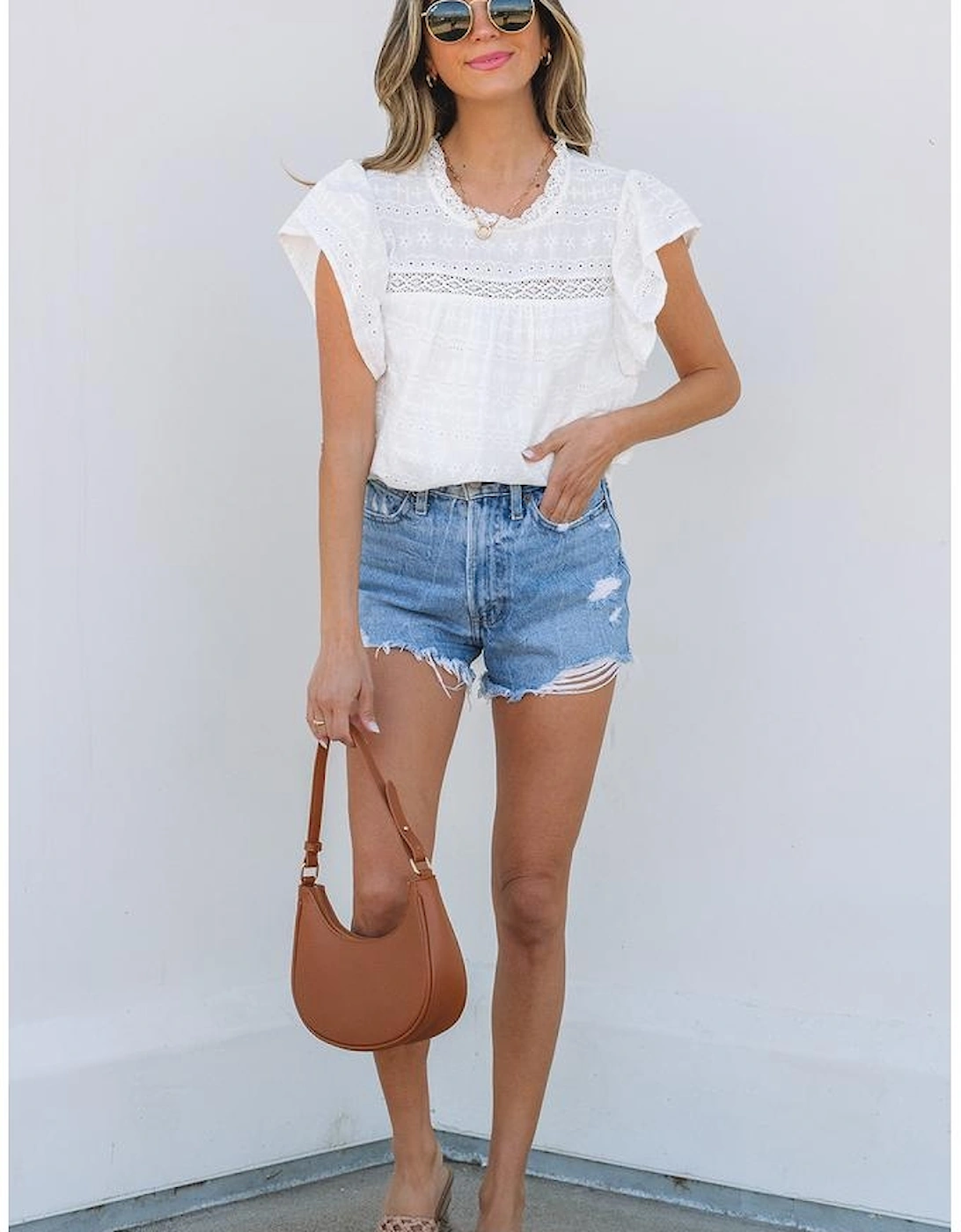 White Lace Neckline Flutter Sleeve Eyelets Blouse