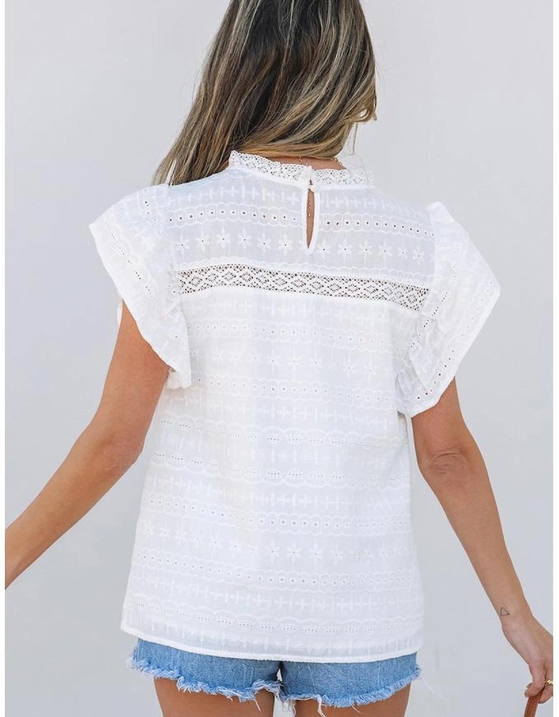 White Lace Neckline Flutter Sleeve Eyelets Blouse, 16 of 15