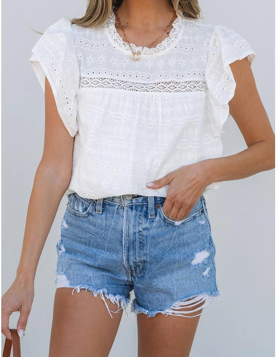 White Lace Neckline Flutter Sleeve Eyelets Blouse