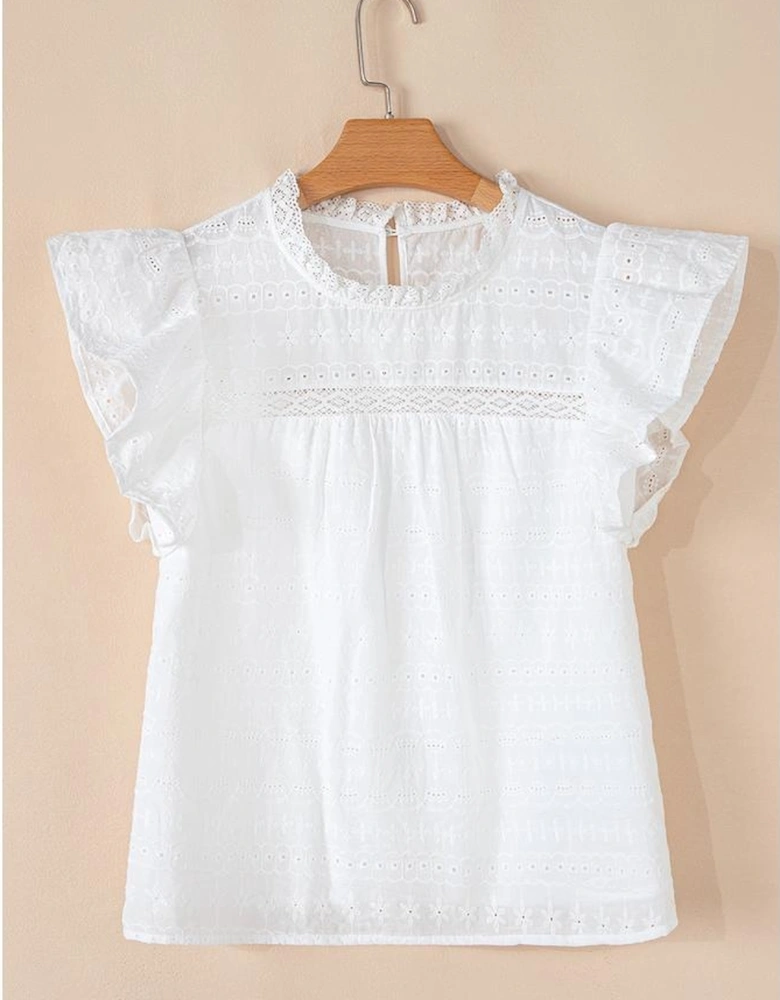 White Lace Neckline Flutter Sleeve Eyelets Blouse