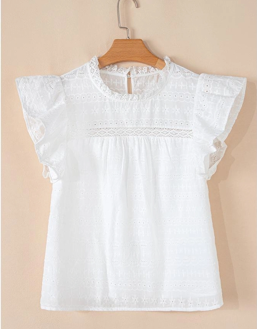 White Lace Neckline Flutter Sleeve Eyelets Blouse