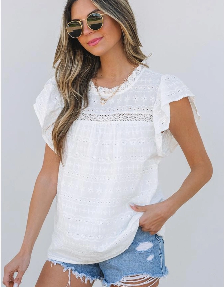 White Lace Neckline Flutter Sleeve Eyelets Blouse