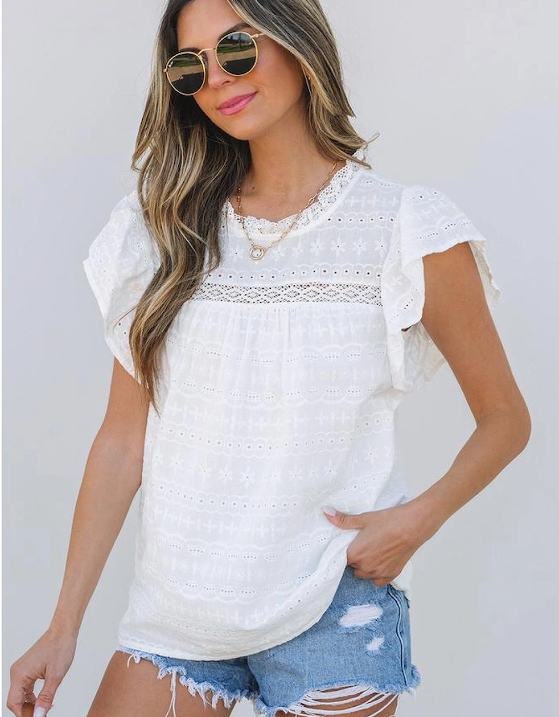 White Lace Neckline Flutter Sleeve Eyelets Blouse