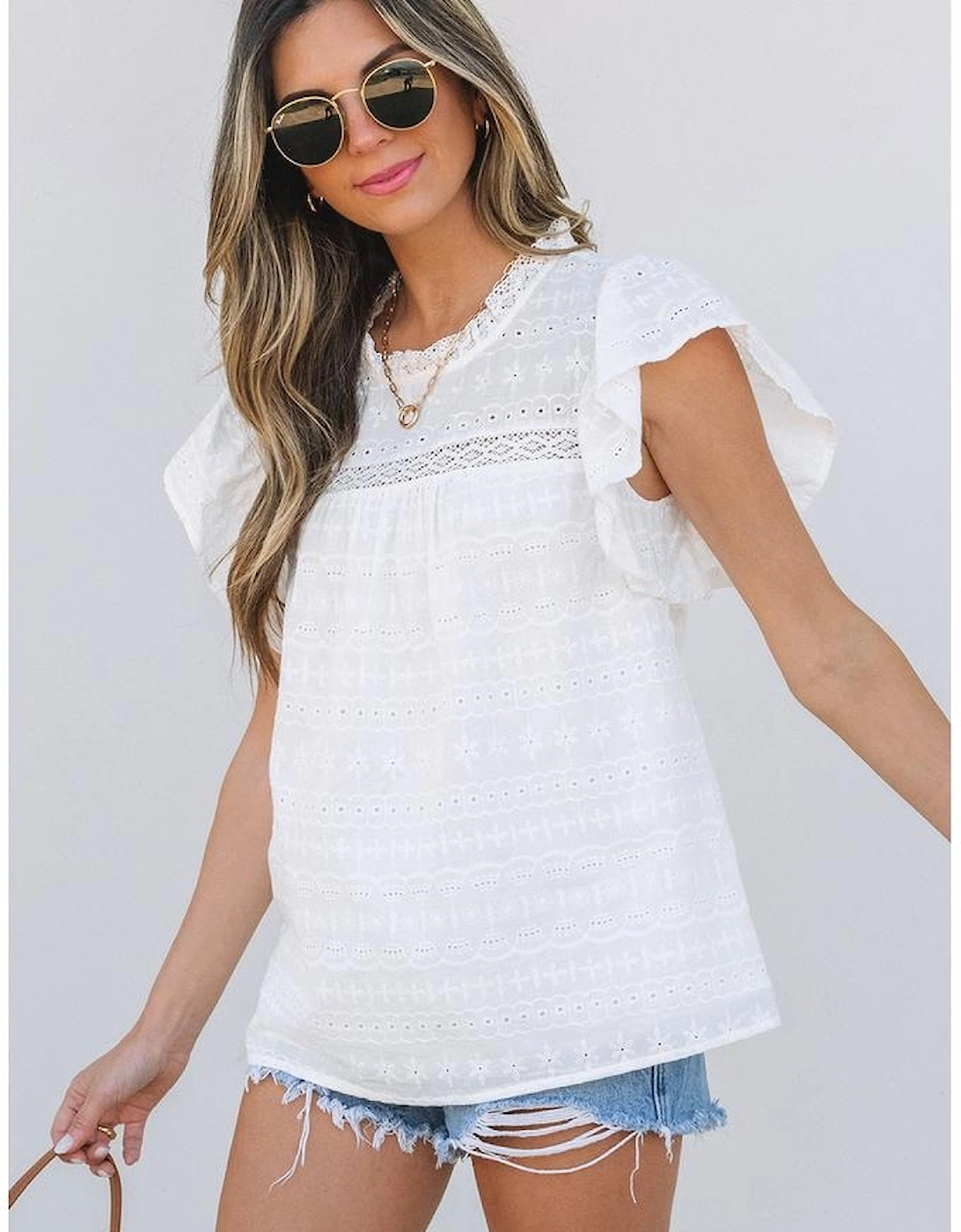 White Lace Neckline Flutter Sleeve Eyelets Blouse