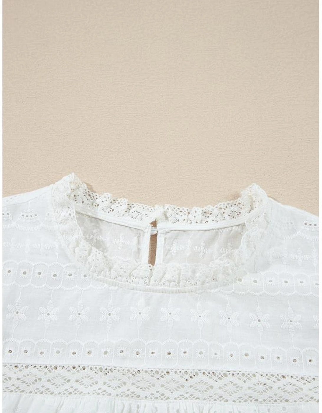 White Lace Neckline Flutter Sleeve Eyelets Blouse