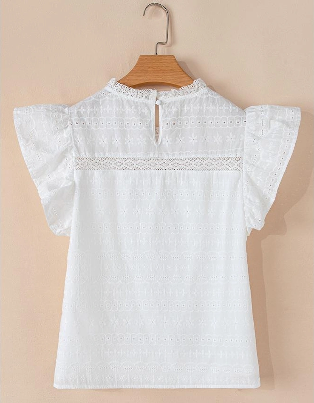 White Lace Neckline Flutter Sleeve Eyelets Blouse