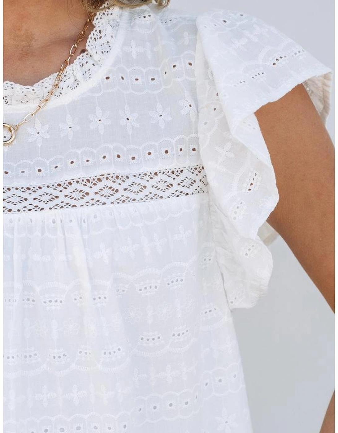 White Lace Neckline Flutter Sleeve Eyelets Blouse
