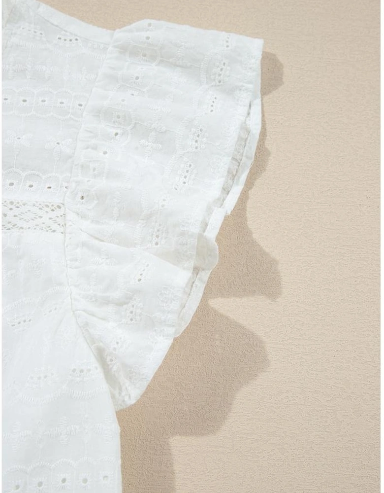 White Lace Neckline Flutter Sleeve Eyelets Blouse