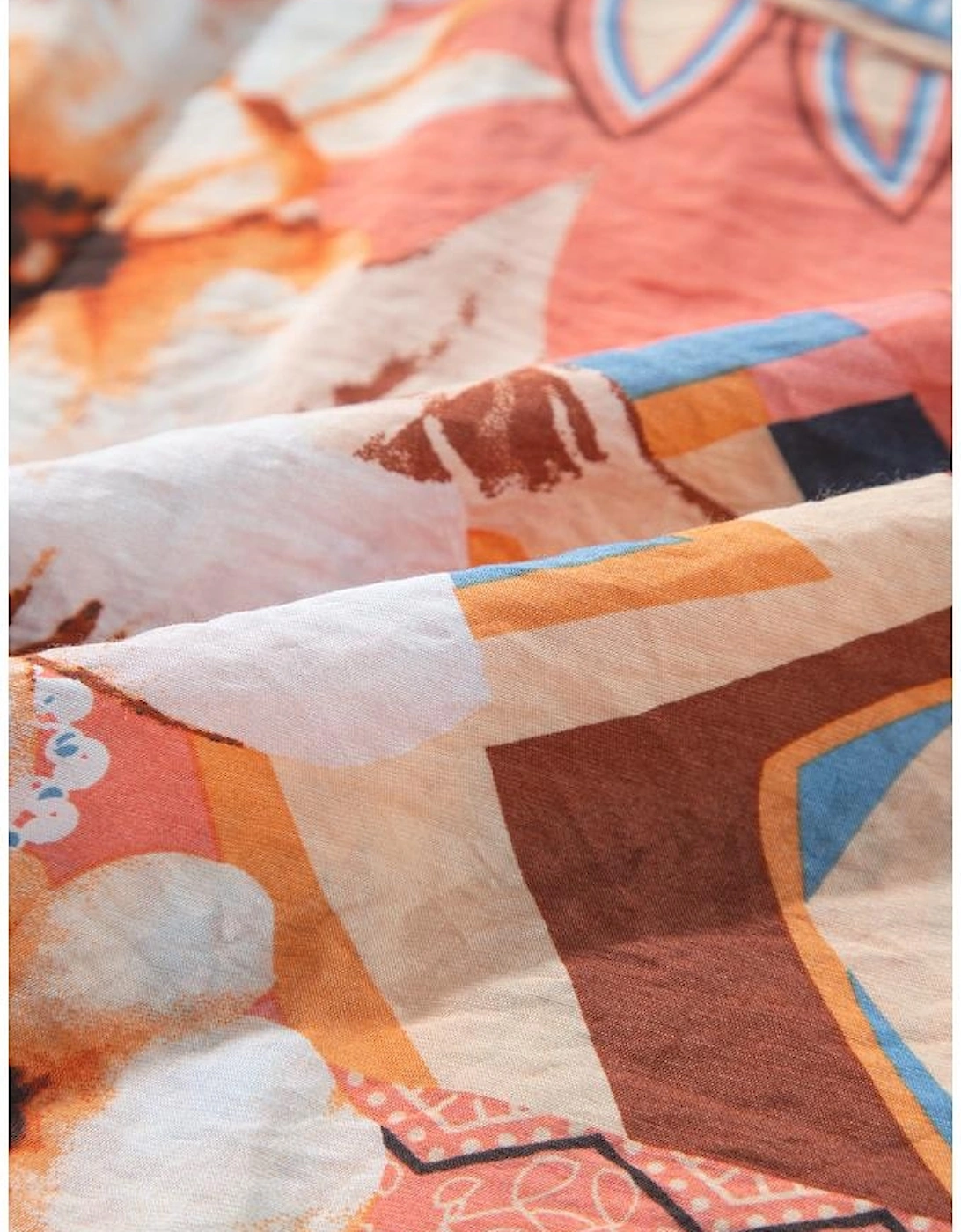 Orange Floral Print Shirred Cuff Buttoned Loose Shirt