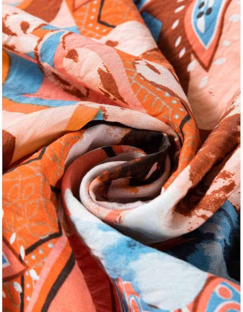 Orange Floral Print Shirred Cuff Buttoned Loose Shirt