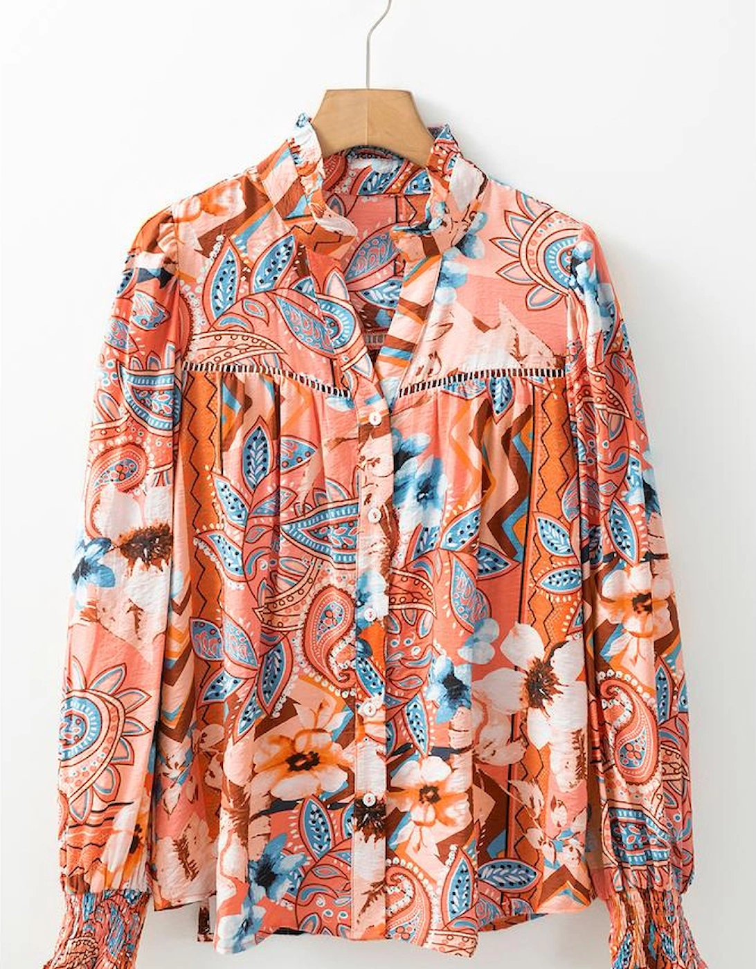 Orange Floral Print Shirred Cuff Buttoned Loose Shirt