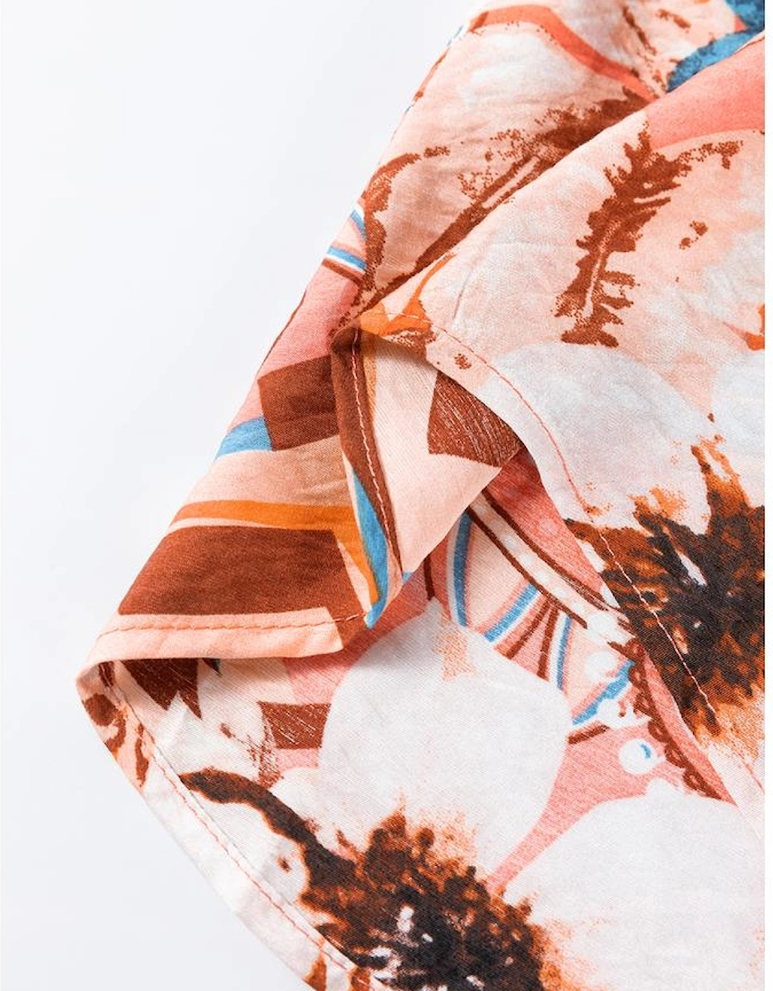 Orange Floral Print Shirred Cuff Buttoned Loose Shirt