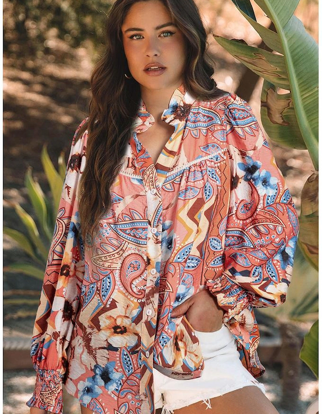 Orange Floral Print Shirred Cuff Buttoned Loose Shirt