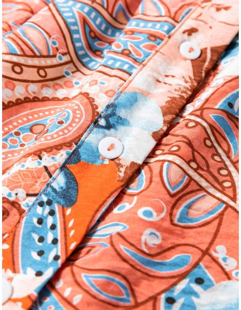 Orange Floral Print Shirred Cuff Buttoned Loose Shirt