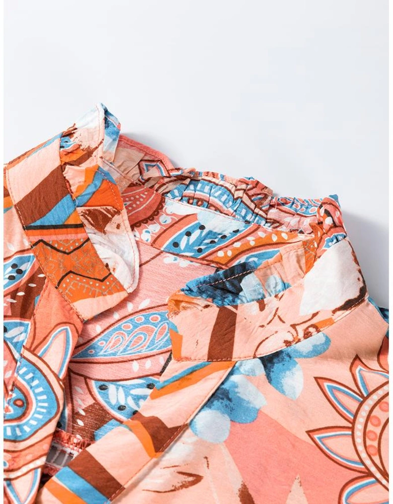 Orange Floral Print Shirred Cuff Buttoned Loose Shirt