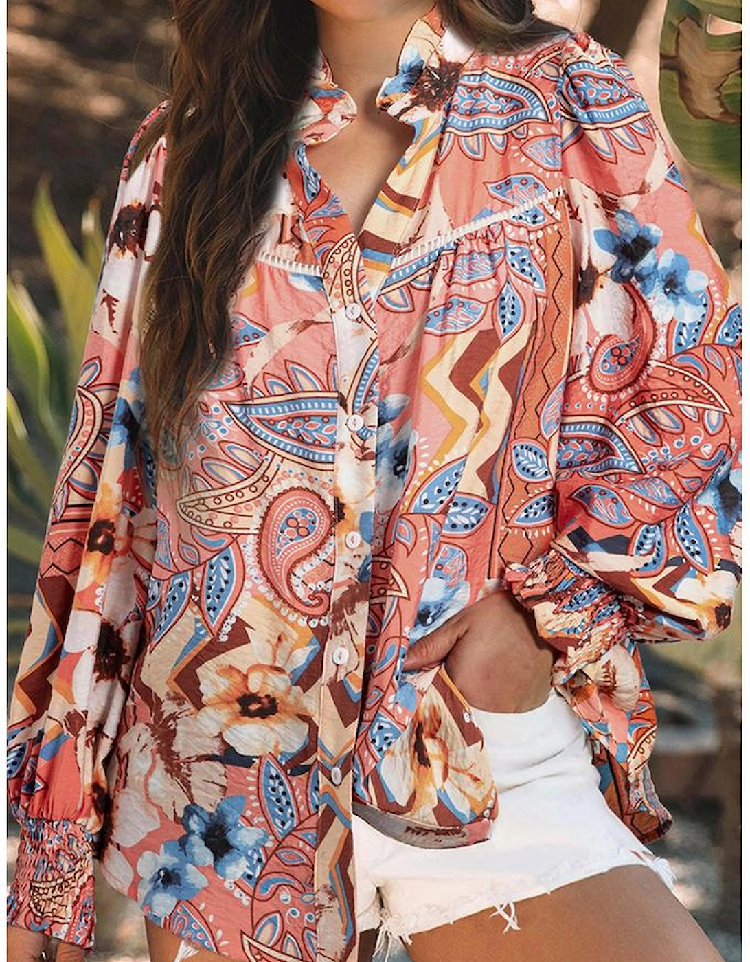 Orange Floral Print Shirred Cuff Buttoned Loose Shirt