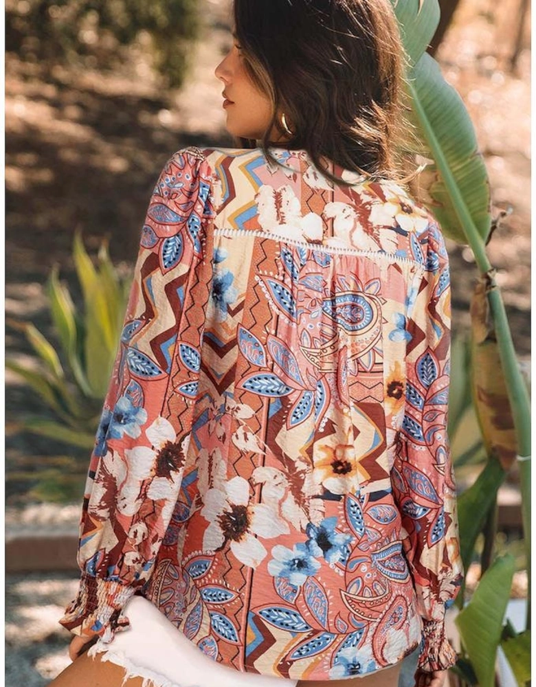 Orange Floral Print Shirred Cuff Buttoned Loose Shirt