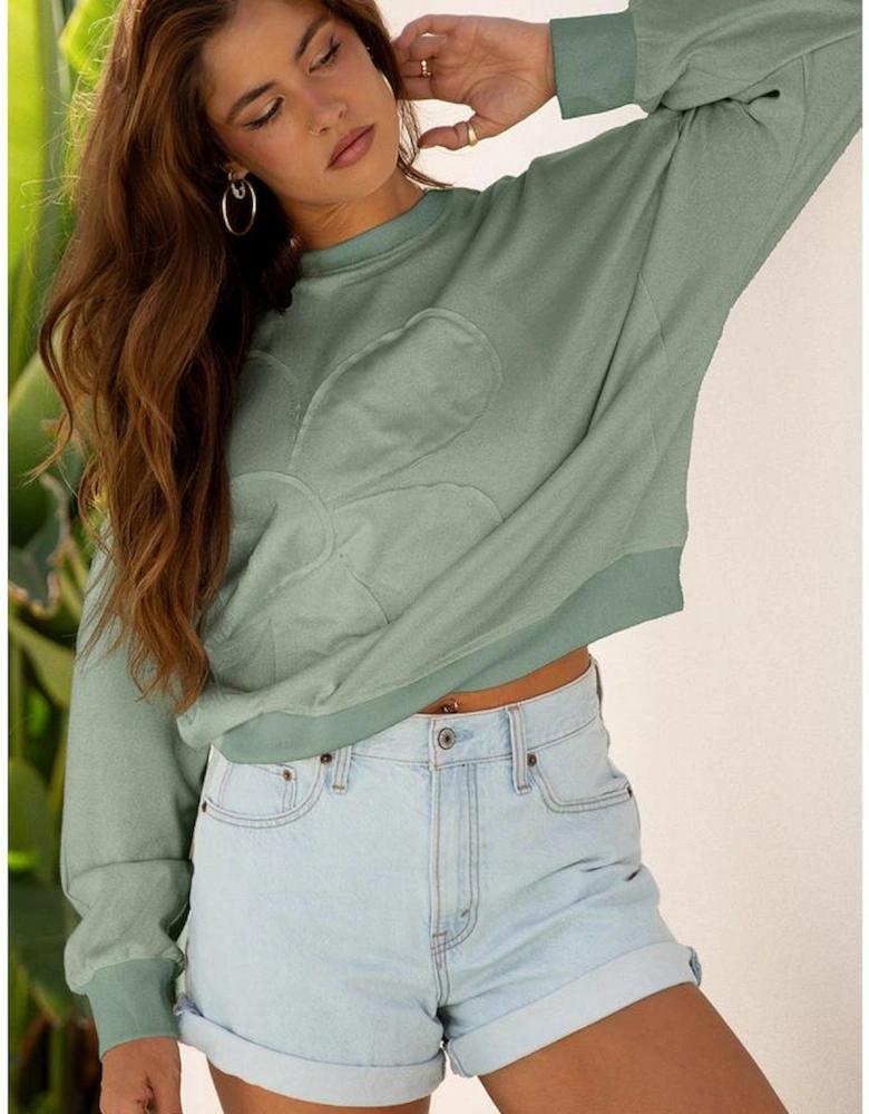 Smoke Green Raw Edge Flower Patch Drop Shoulder Casual Top