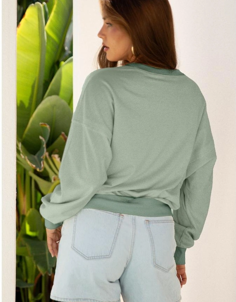 Smoke Green Raw Edge Flower Patch Drop Shoulder Casual Top