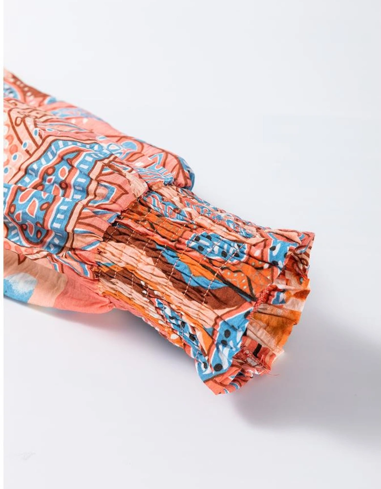 Orange Floral Print Shirred Cuff Buttoned Loose Shirt