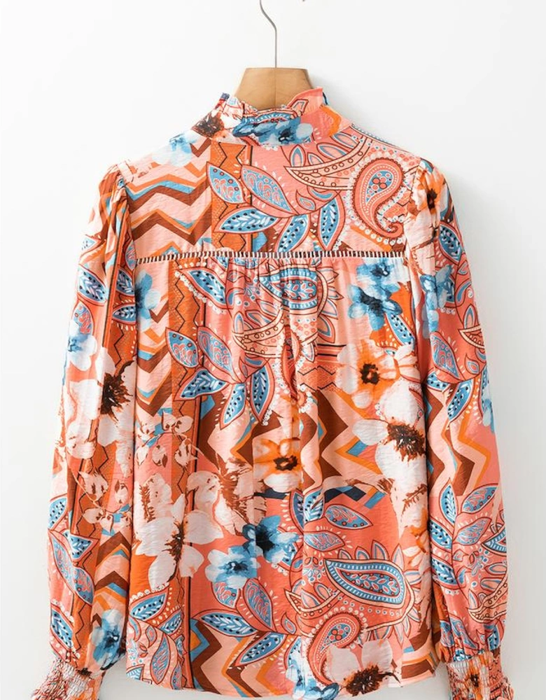 Orange Floral Print Shirred Cuff Buttoned Loose Shirt