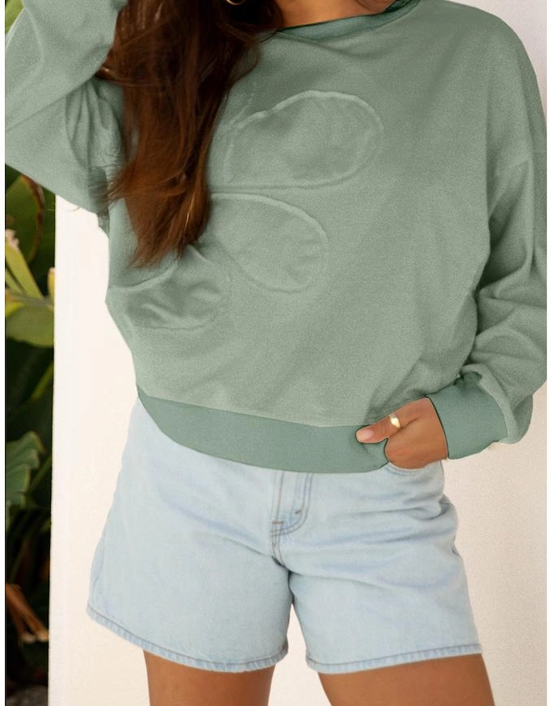 Smoke Green Raw Edge Flower Patch Drop Shoulder Casual Top